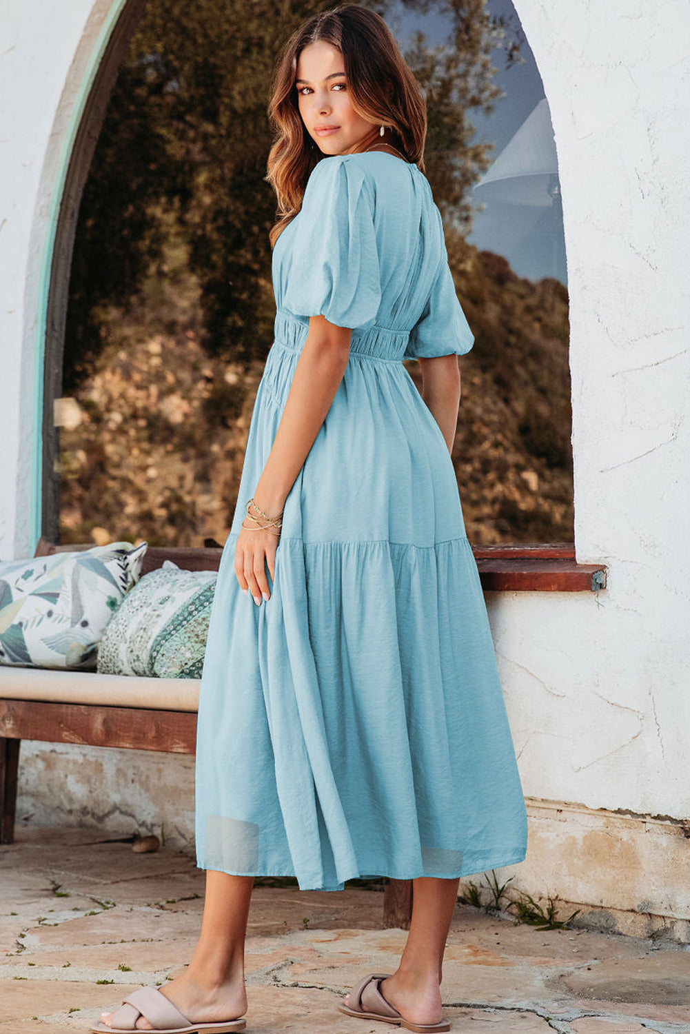 Sky Blue High-Waist Pleated Midi Dress