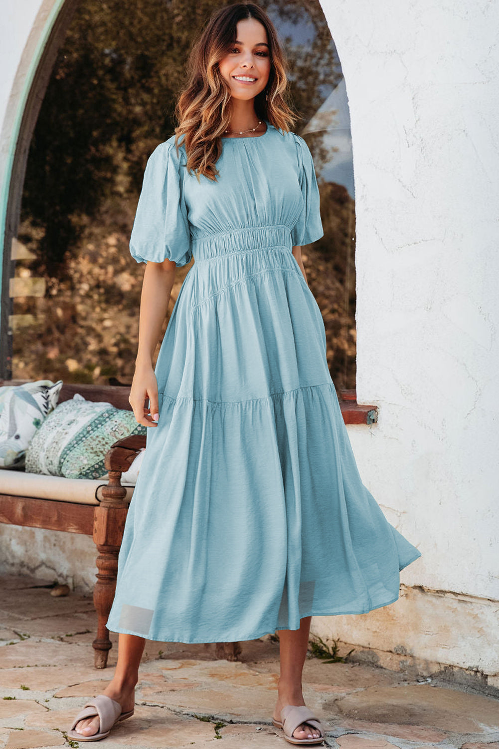 Sky Blue High-Waist Pleated Midi Dress