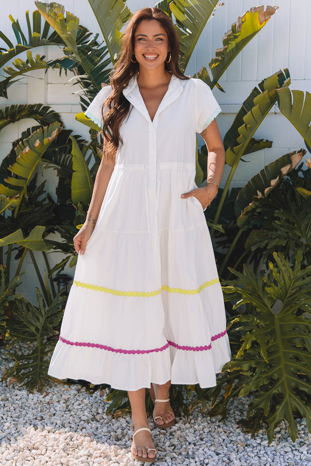 White Tiered Maxi Dress With Rickrack Detail