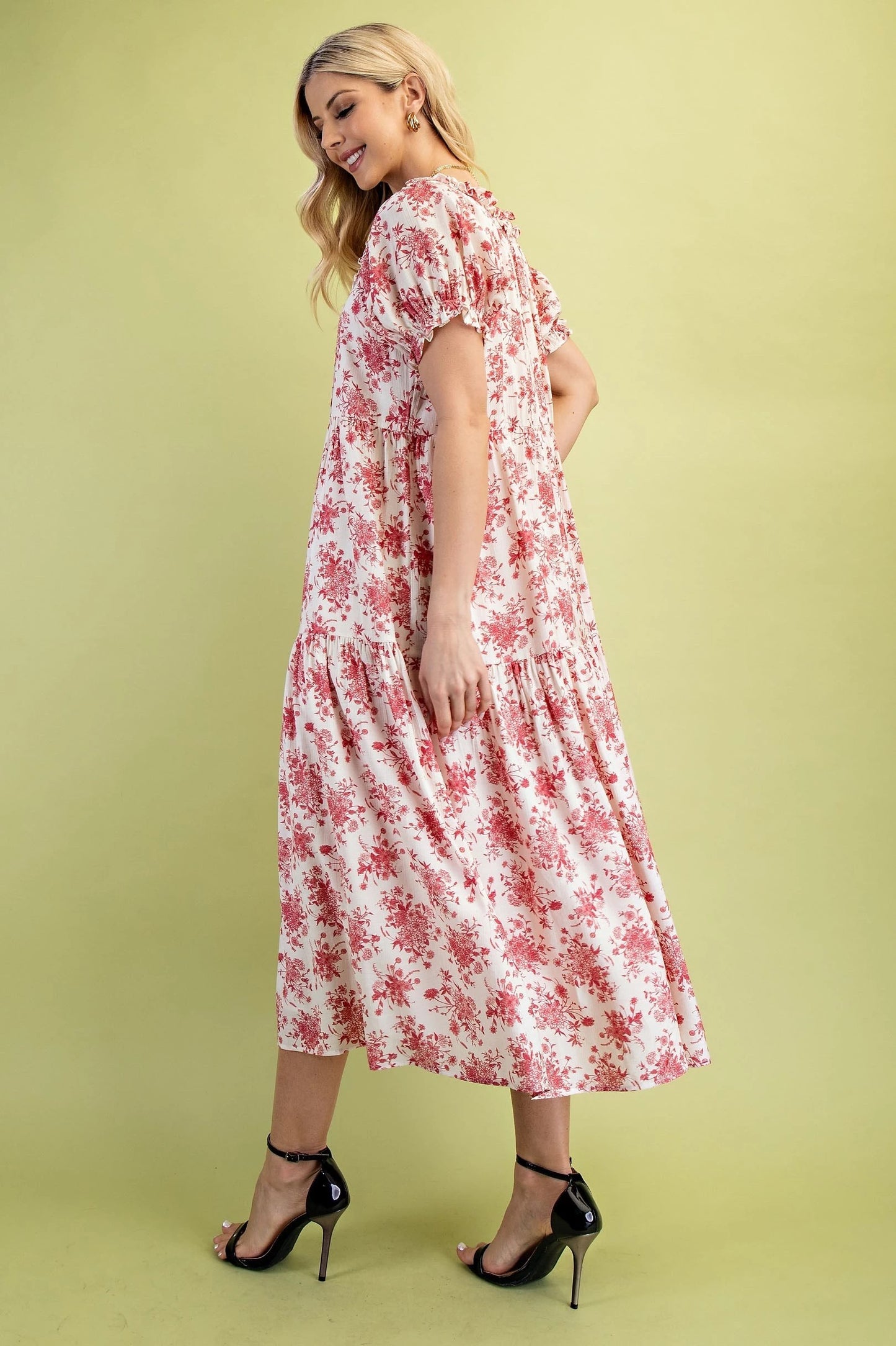 White with Red Floral Design Midi Dress