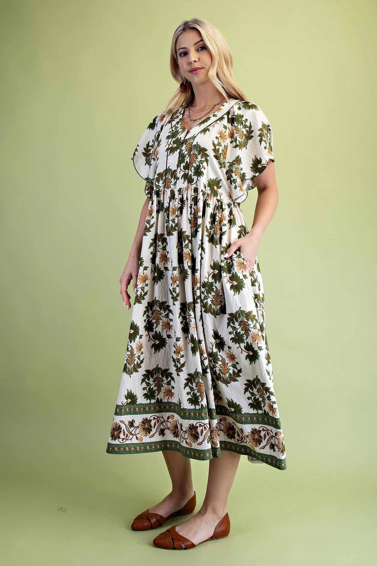 Olive Fall Foliage Dress with Flutter Scalloped Sleeves