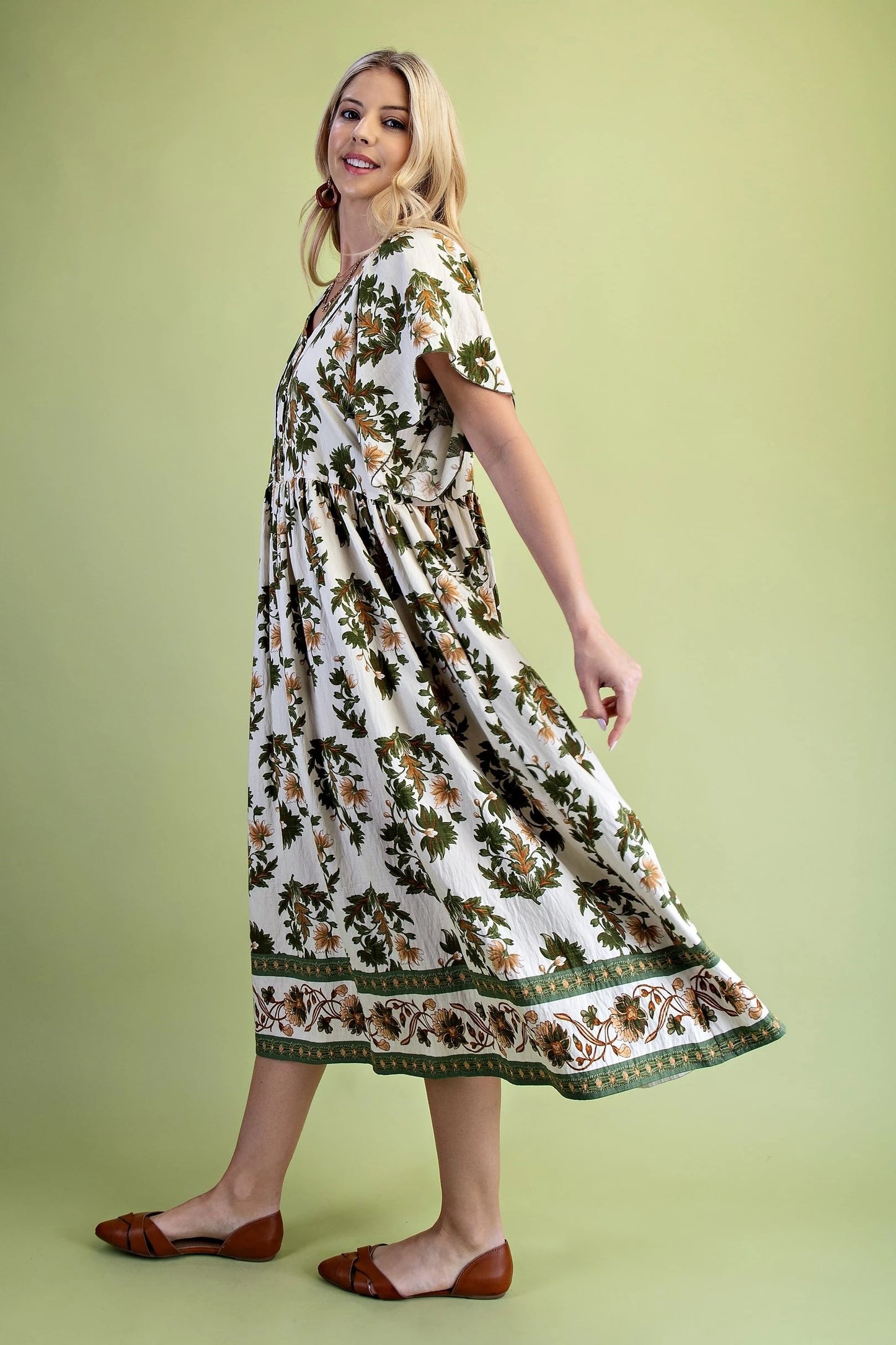 Olive Fall Foliage Dress with Flutter Scalloped Sleeves