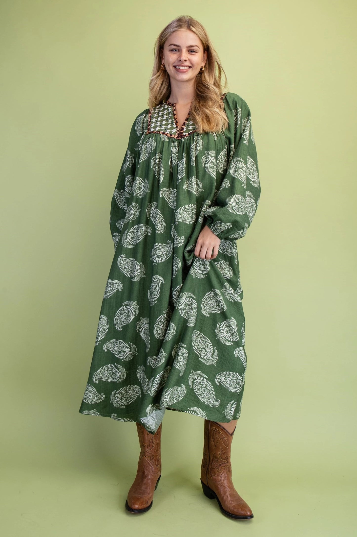 Avocado Print Dress with Contrasting Quilted Fabric Yoke