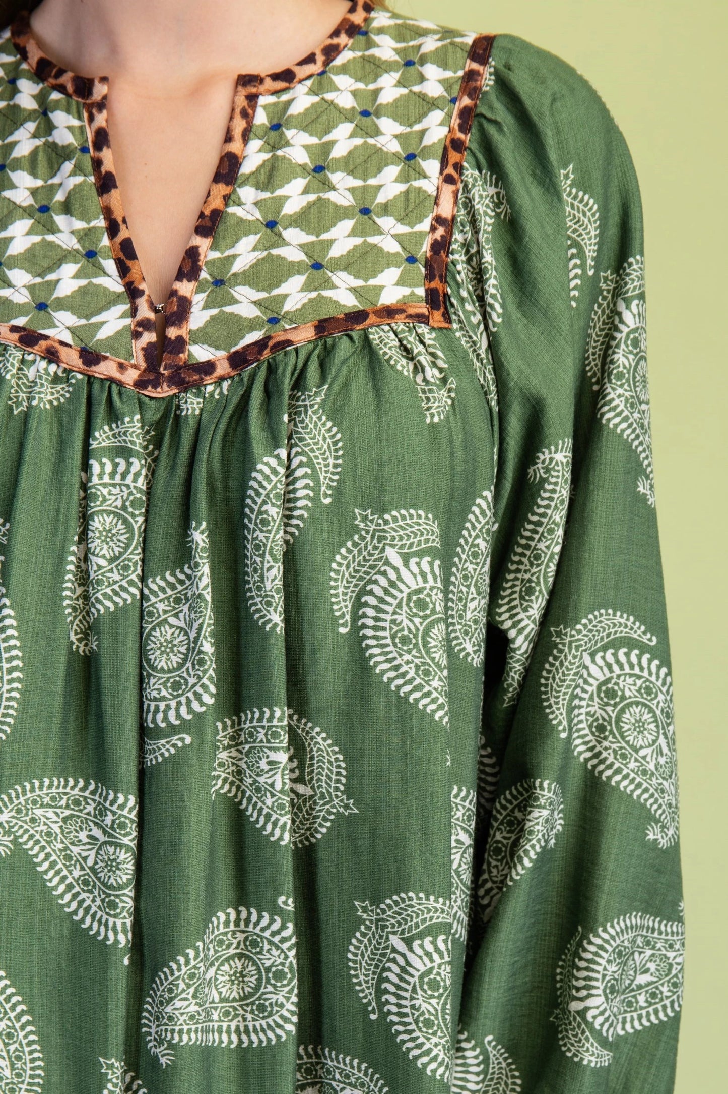 Avocado Print Dress with Contrasting Quilted Fabric Yoke