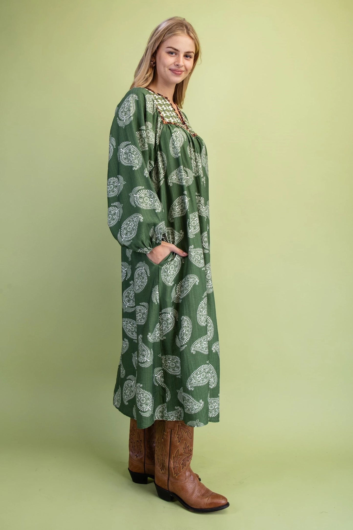 Avocado Print Dress with Contrasting Quilted Fabric Yoke