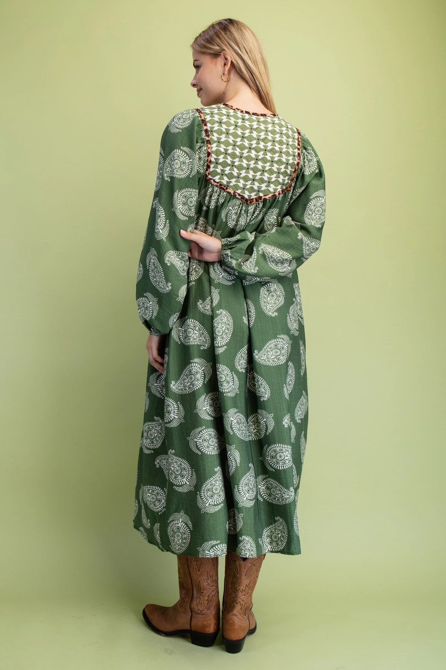 Avocado Print Dress with Contrasting Quilted Fabric Yoke