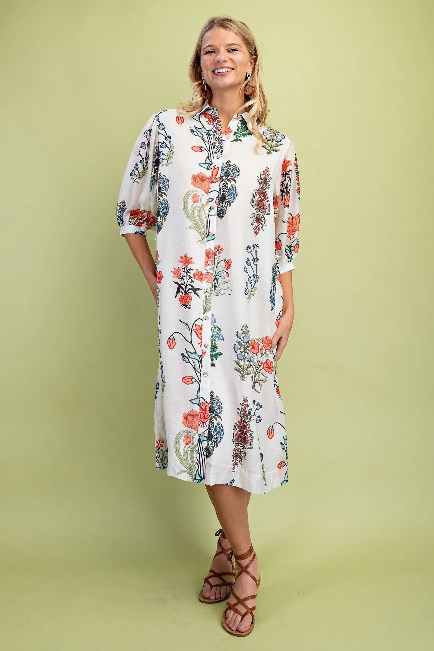 White Floral Shirt Midi Dress With Sash