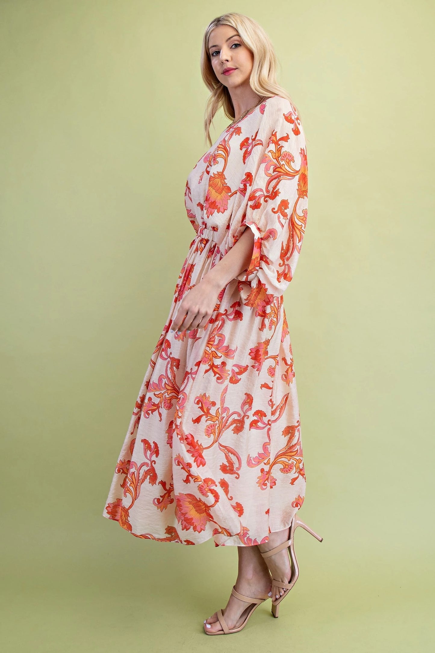 Coral Midi Dress with Dolman Sleeves