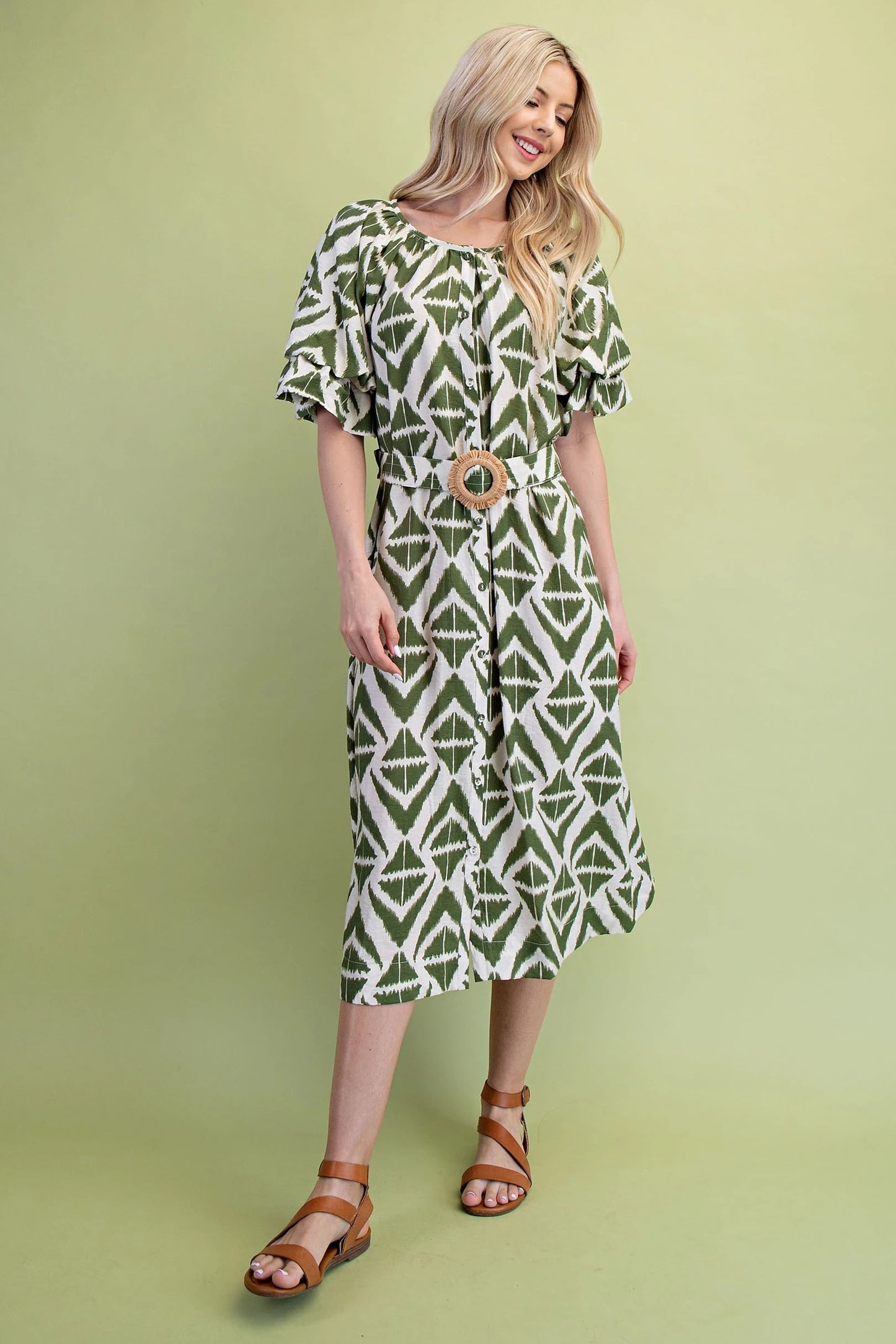 Geo Print Midi Dress in Olive with Straw Belt