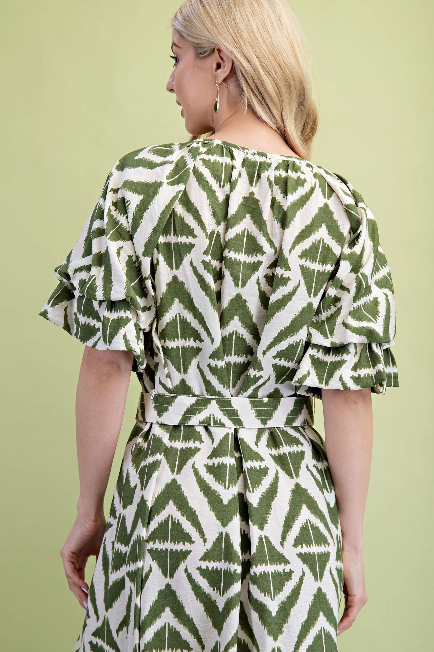 Geo Print Midi Dress in Olive with Straw Belt