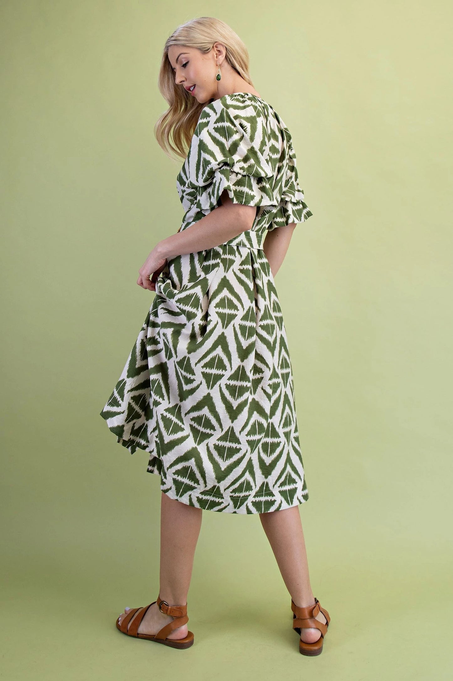 Geo Print Midi Dress in Olive with Straw Belt