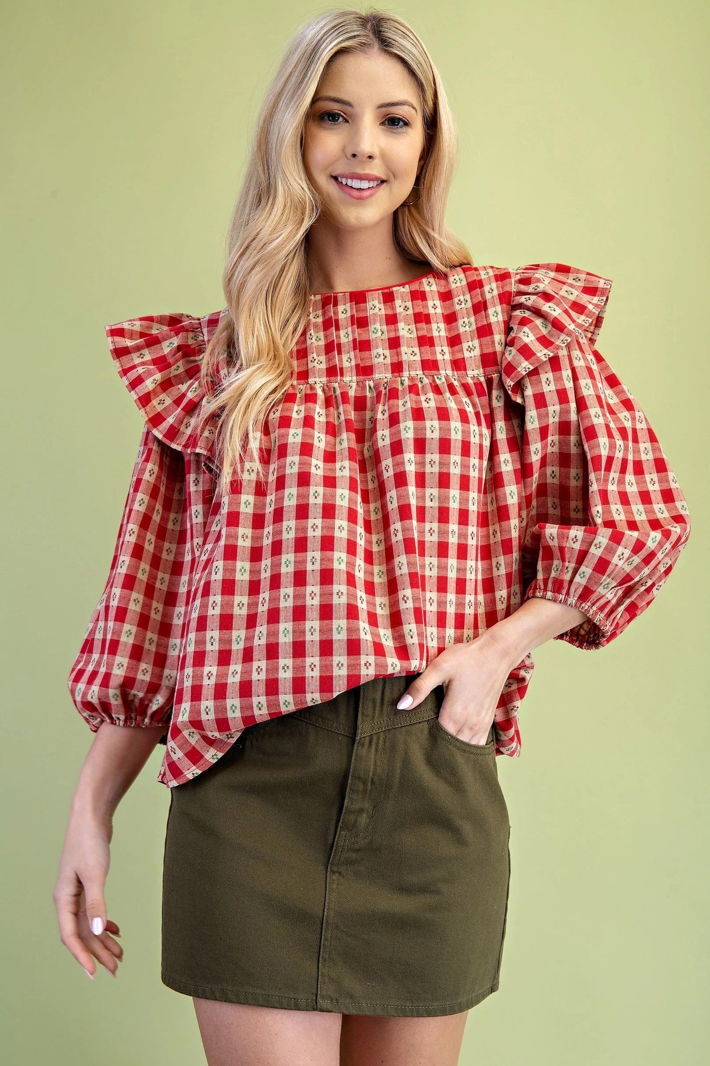 Apple & Tan Ruffle Sleeve Top