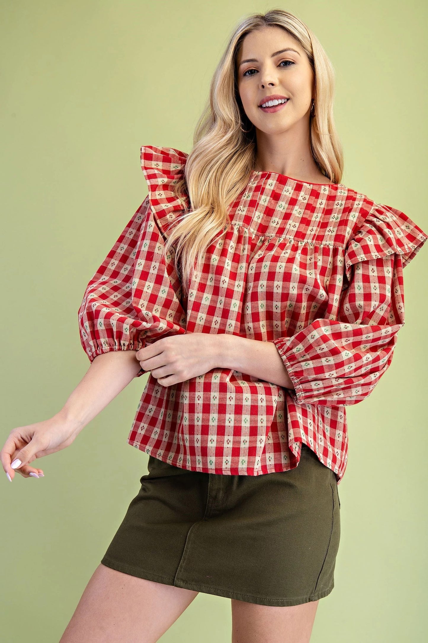 Apple & Tan Ruffle Sleeve Top