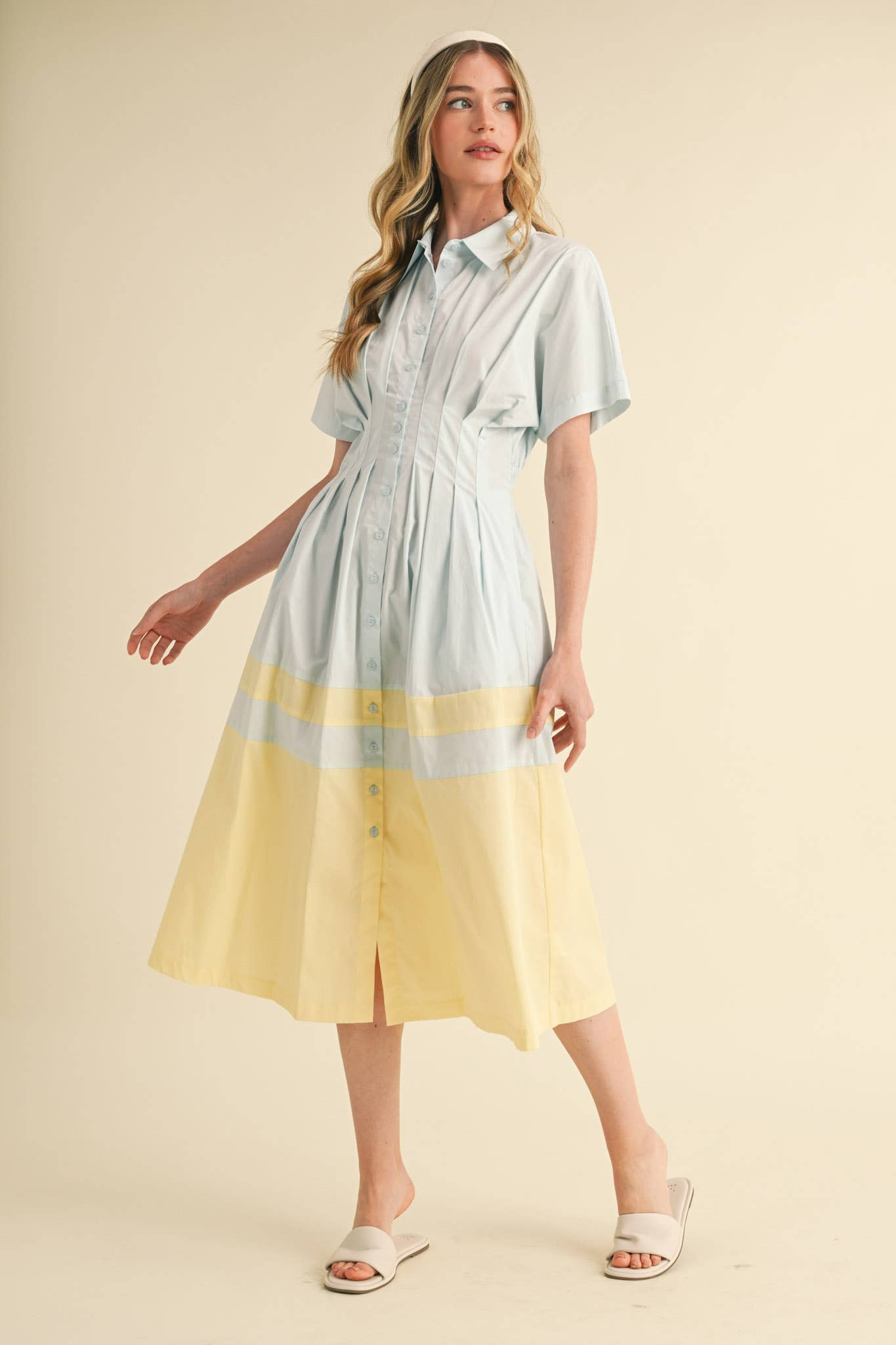 BUTTON DOWN PLEATED WAIST COLOR BLOCK MIDI DRESS