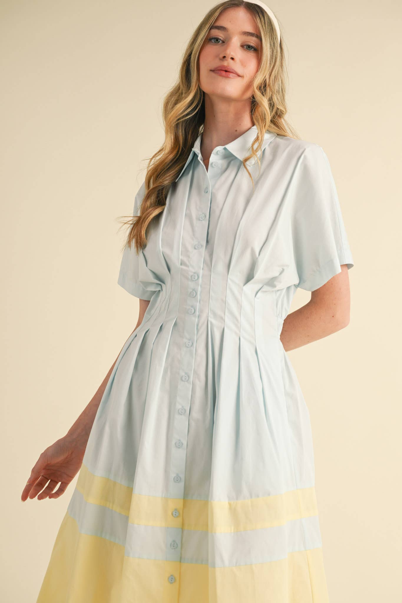 BUTTON DOWN PLEATED WAIST COLOR BLOCK MIDI DRESS
