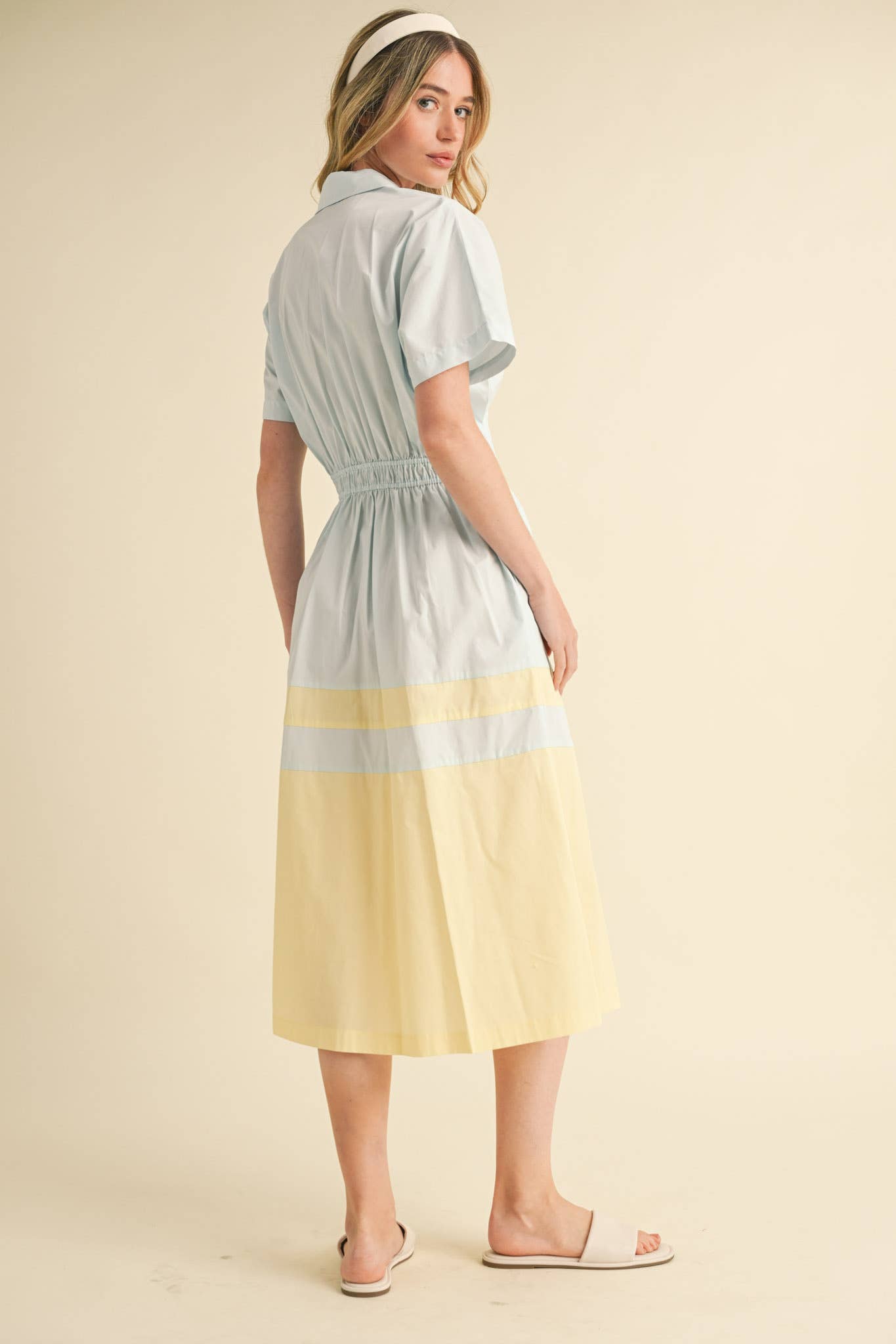 BUTTON DOWN PLEATED WAIST COLOR BLOCK MIDI DRESS