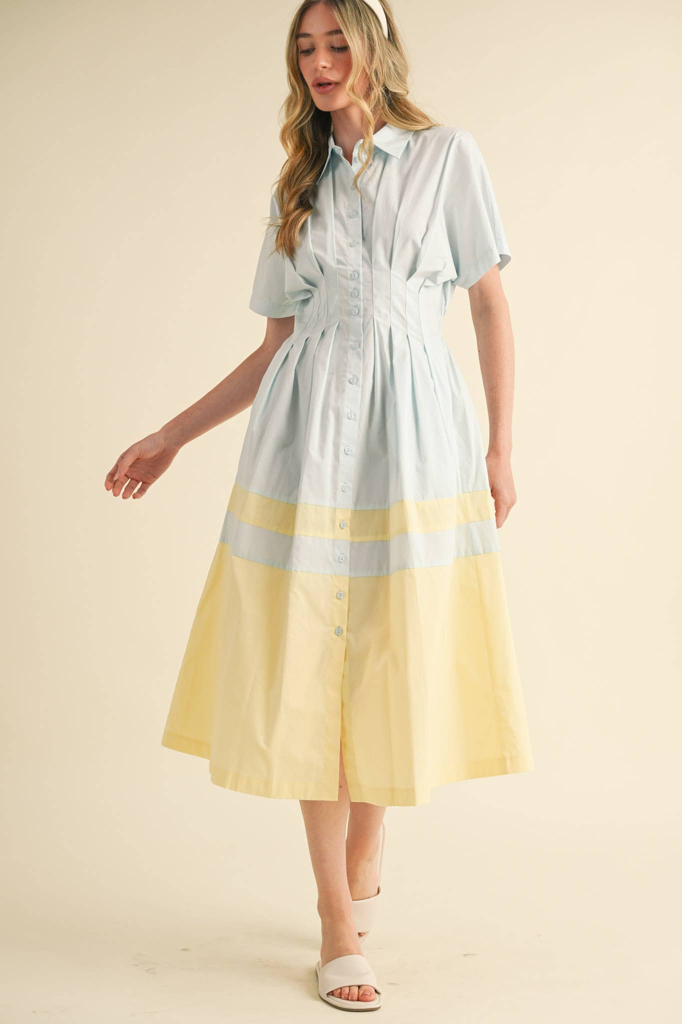 BUTTON DOWN PLEATED WAIST COLOR BLOCK MIDI DRESS