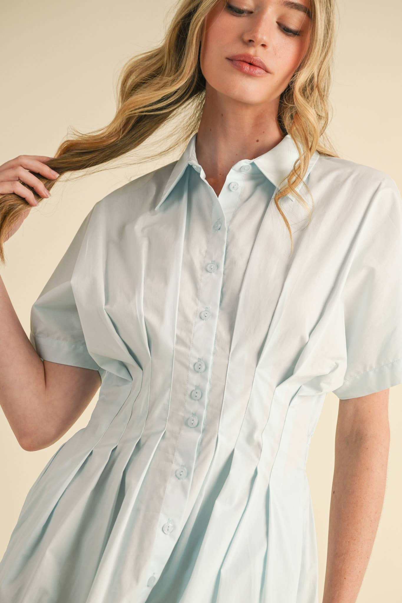 BUTTON DOWN PLEATED WAIST COLOR BLOCK MIDI DRESS