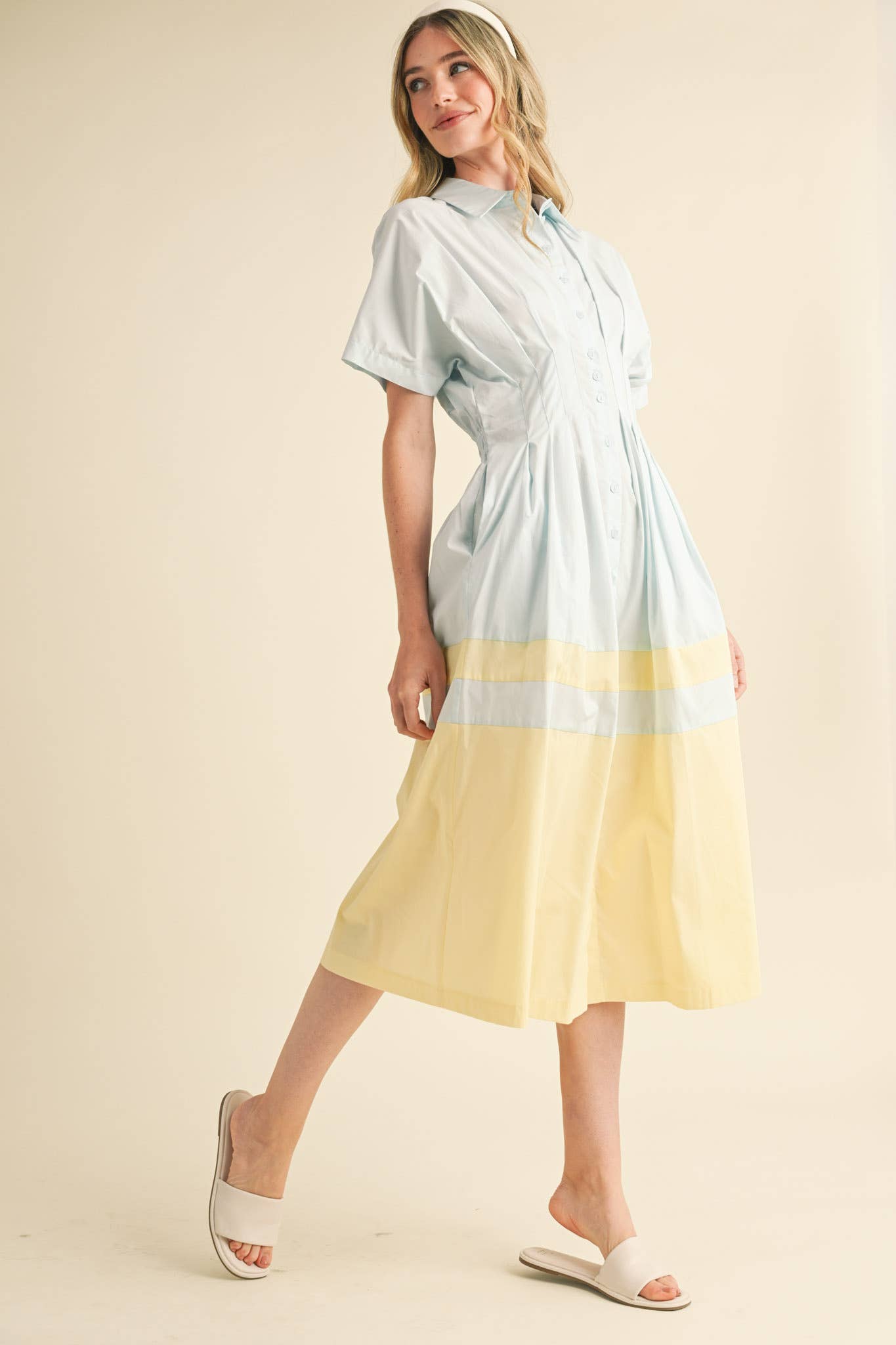 BUTTON DOWN PLEATED WAIST COLOR BLOCK MIDI DRESS