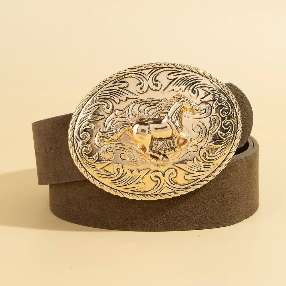 Western Large Engraved Horse Buckle Belt