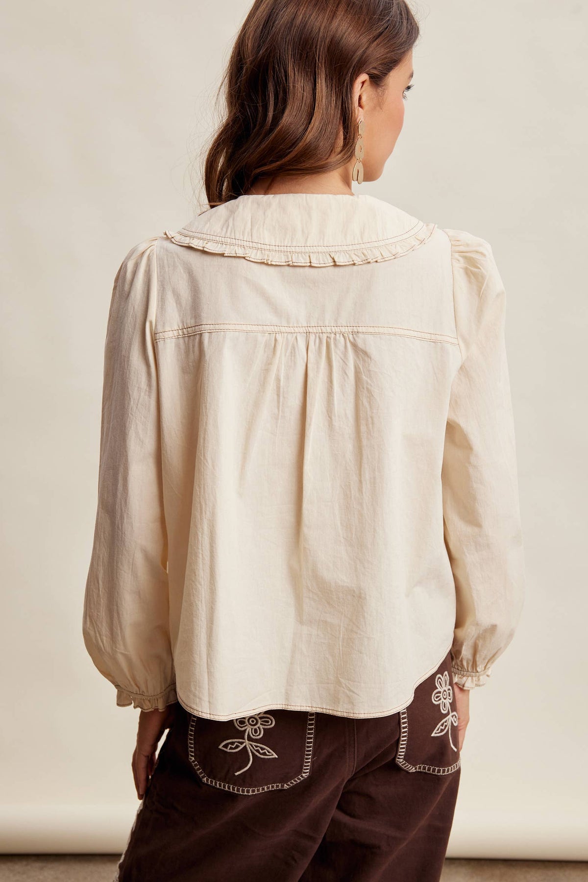 Contrast Stitch Ruffle Collar Cotton Blouse: Cream