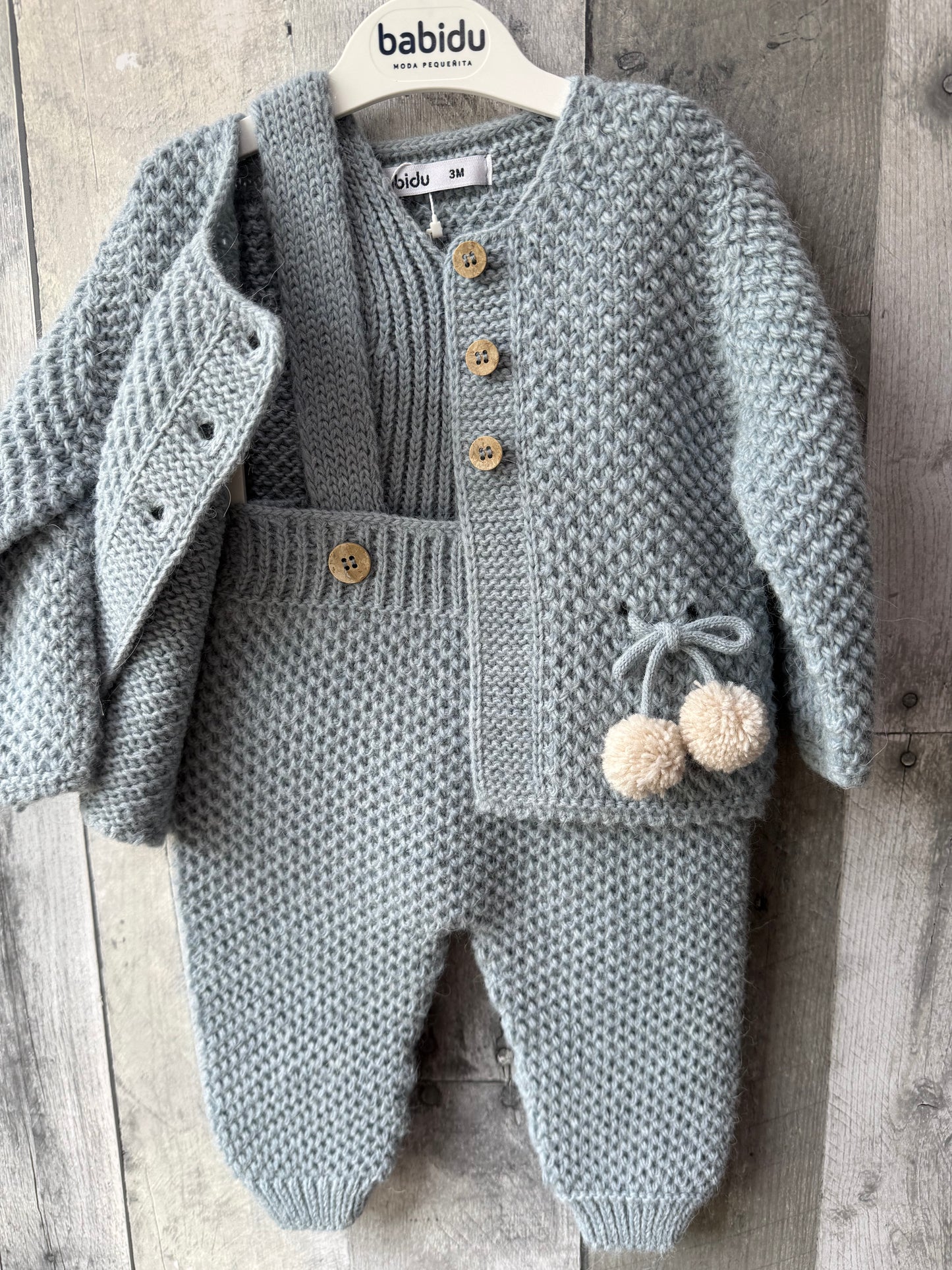 Babidu Baby Boy Knit Blue Set // Pom sweater & knit overalls