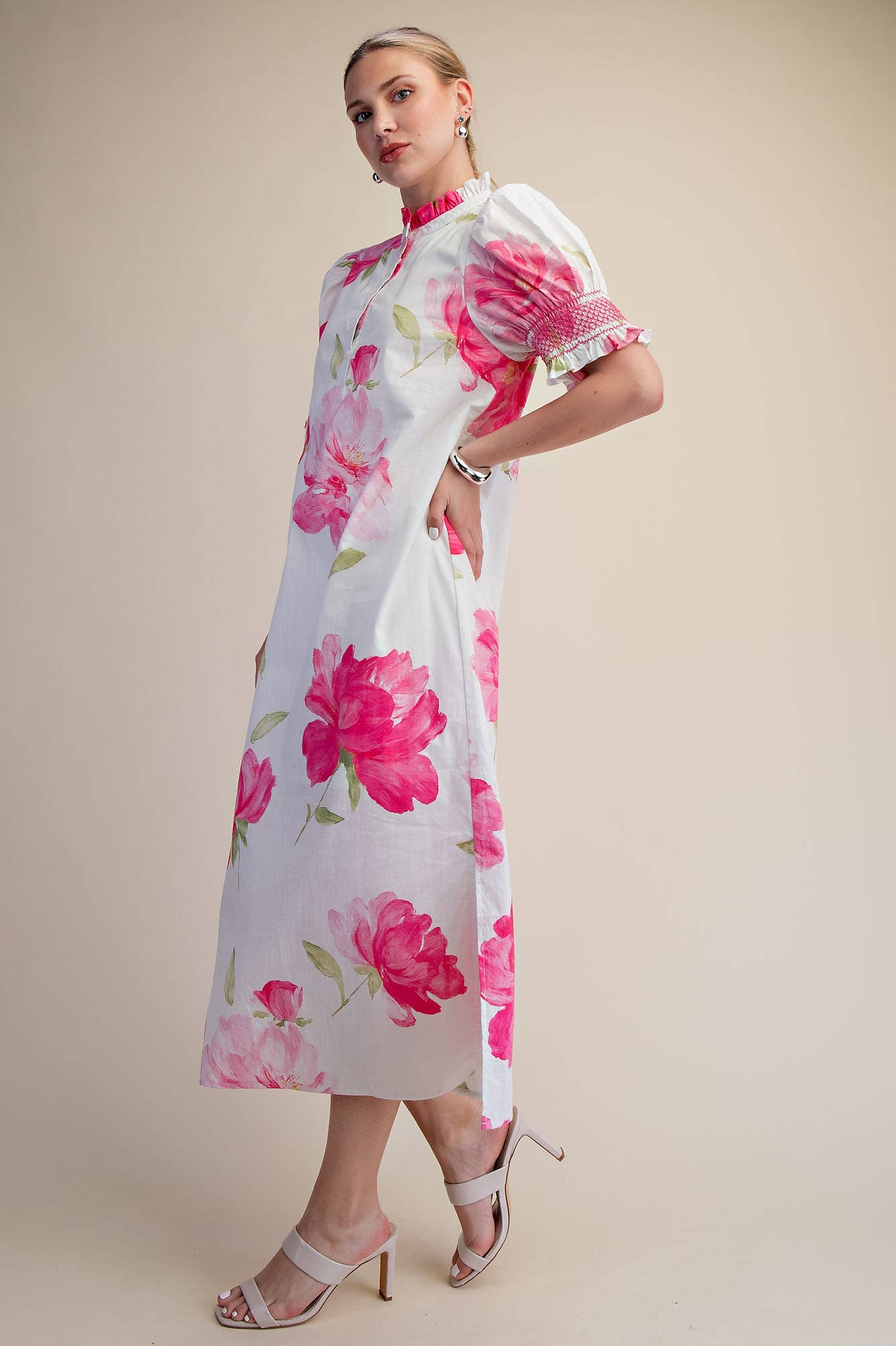 Pink Floral Ruffle Neck Puff Sleeve with Smocking Midi Dress