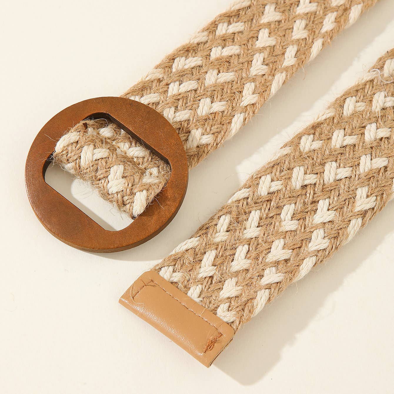 Lily Clothing - Wooden buckle cotton and linen style woven belt: CARAMEL / (OS) 1