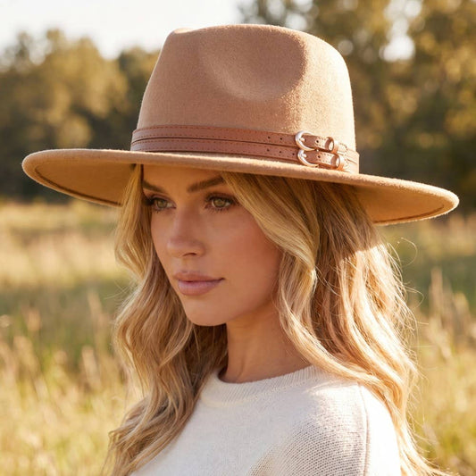 Double Belt Strap Fedora Hat: BR