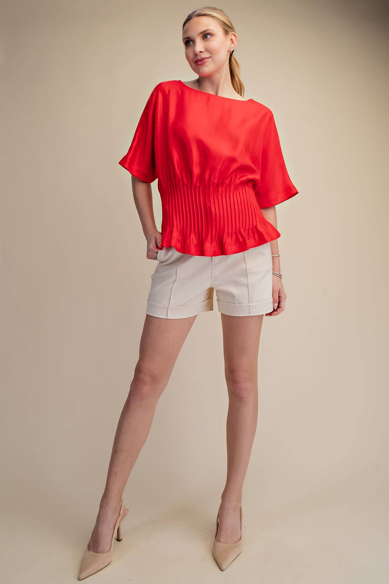 Boat Neck Short Sleeve Pleated top - Red
