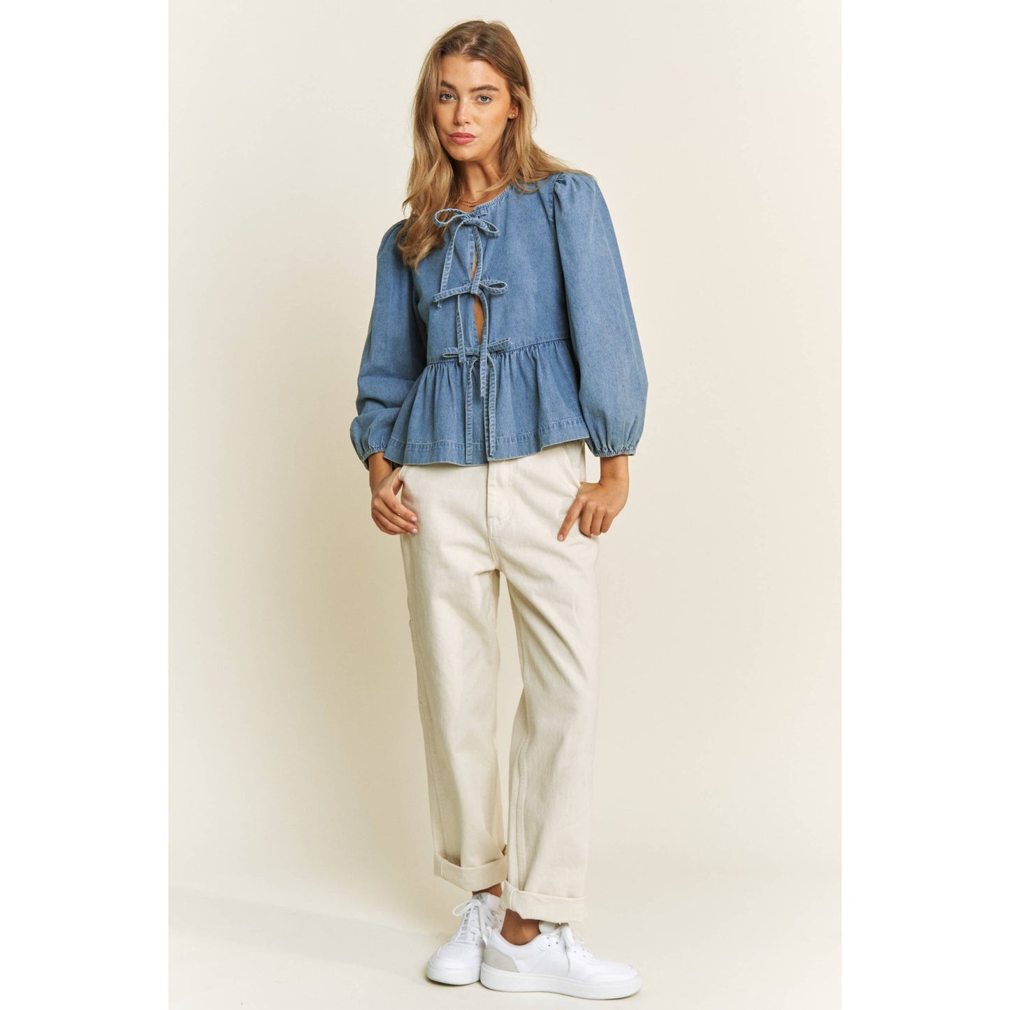 DENIM WASH OPEN FRONT LONG SLEEVE BABYDOLL TOP BLOUSE