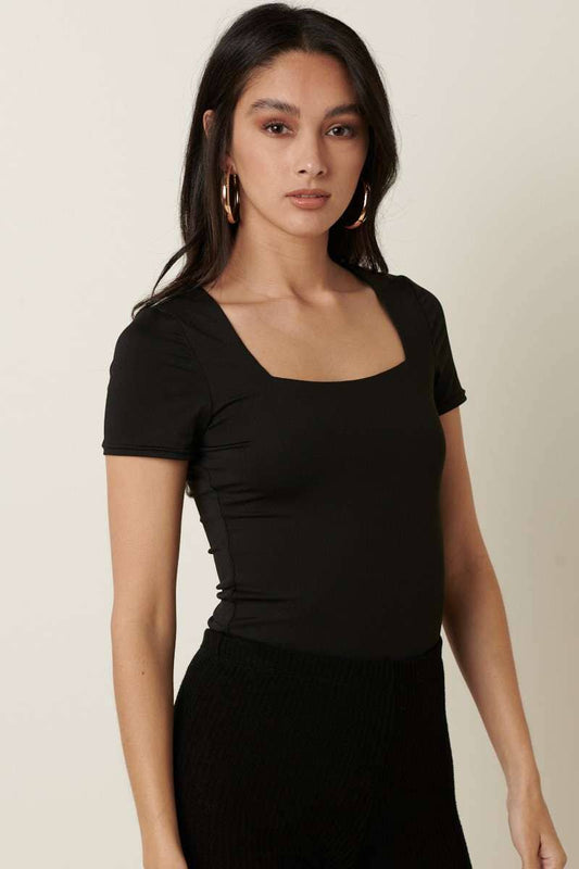 SQUARE NECK SHORT SLEEVE BODYSUIT: BLACK