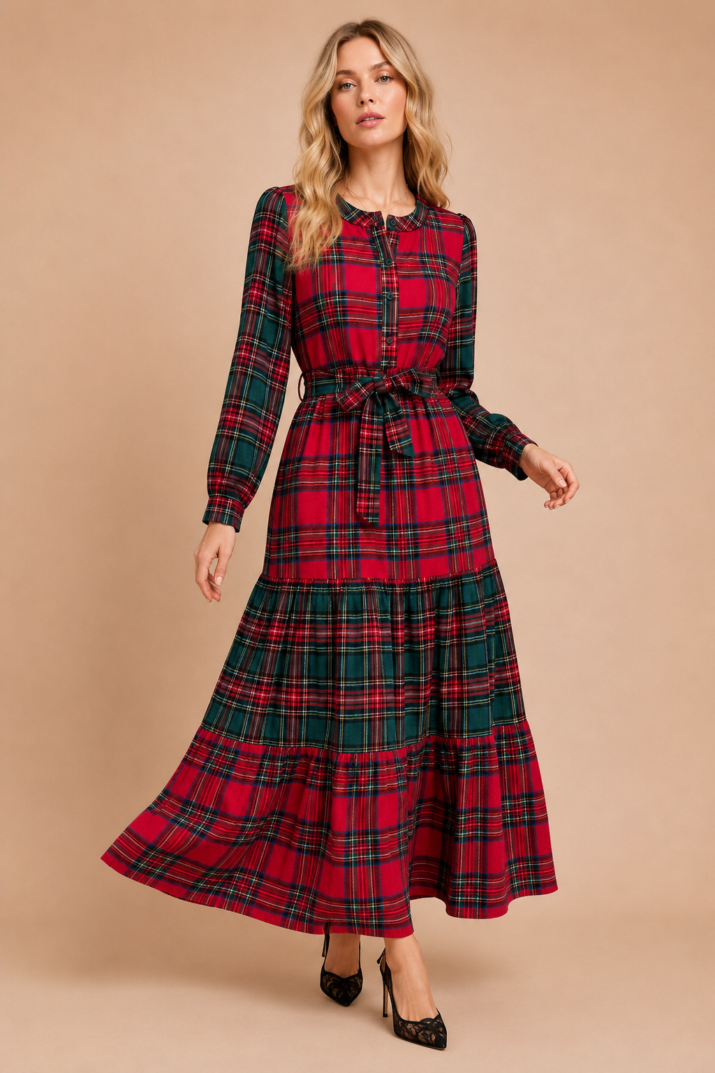 Festive Mixed-Plaid Tiered Maxi Dress: RED GREEN