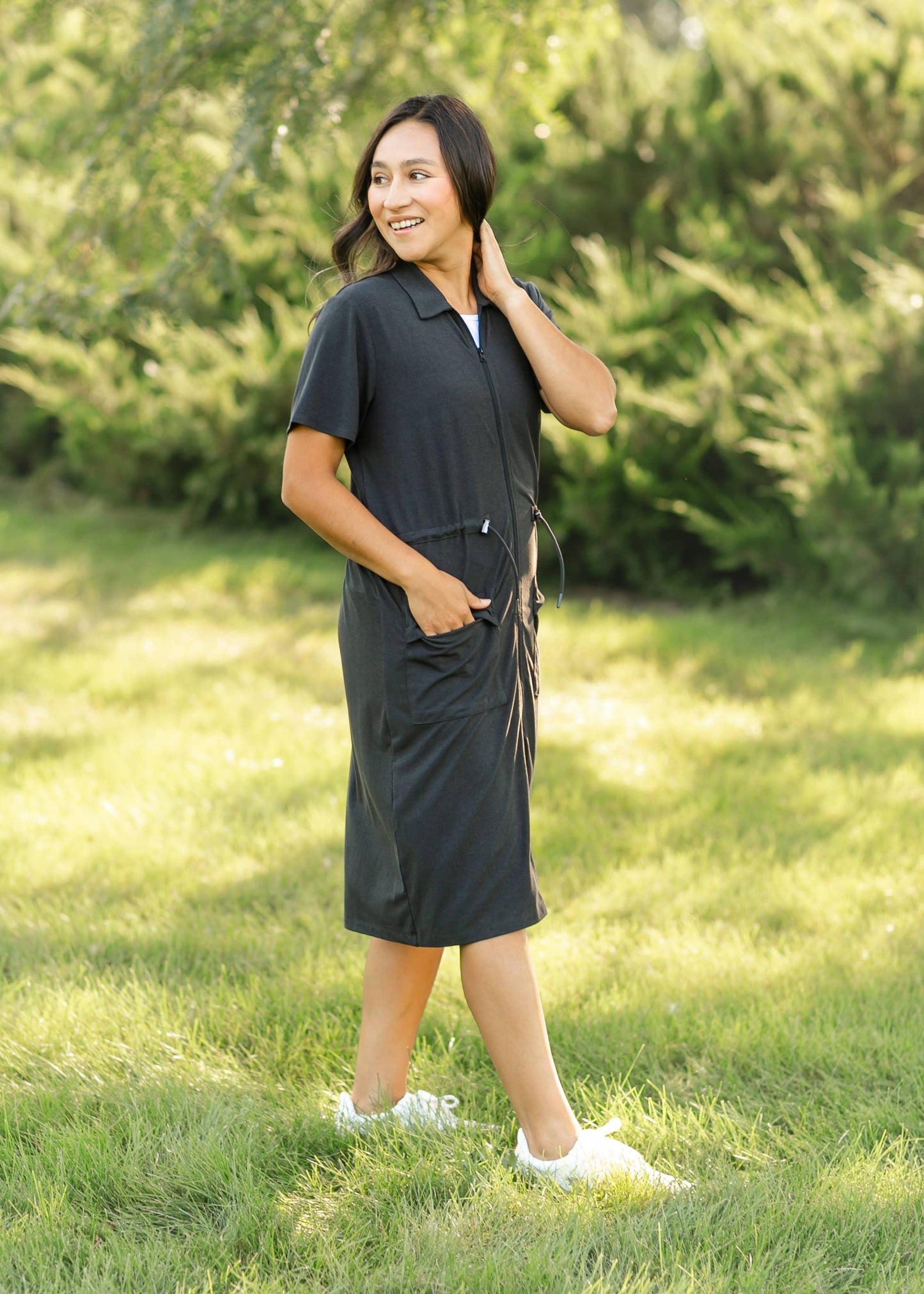 Inherit Clothing Company - Scout Zip Front Athletic Midi Dress: Black Heather / L