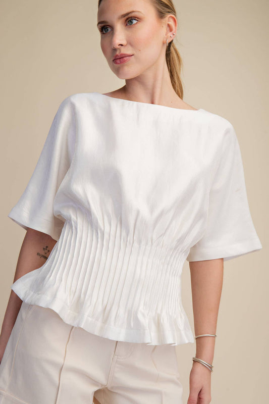 Boat Neck Short Sleeve Pleated top