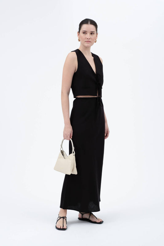 SOLID HIGH WAIST FRONT TIE LINEN MIDI SKIRT: BLACK