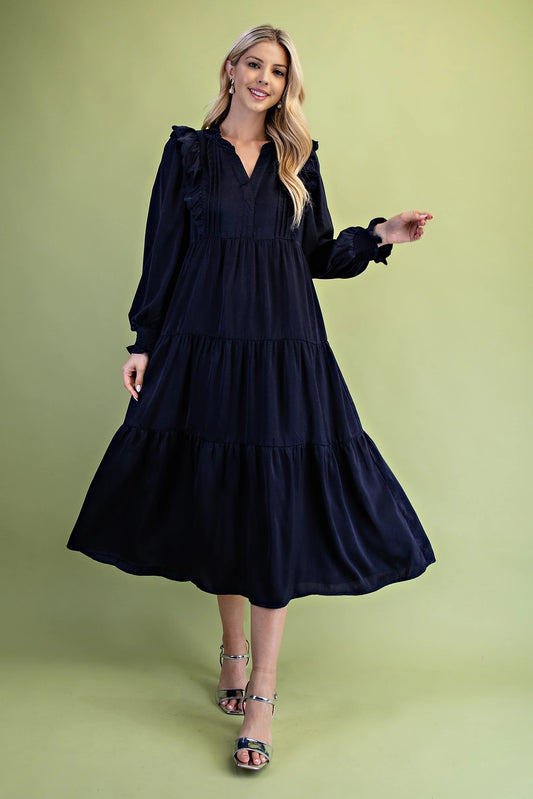 Navy Tiered Midi Dress with Pleating and Scalloped Ruffled Bodice