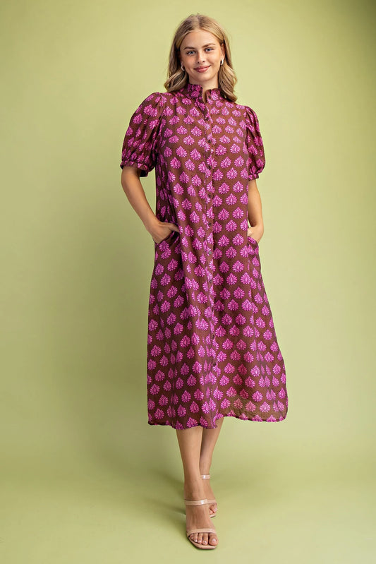 Brown Mix Midi Dress with Purplish-Pink Designs
