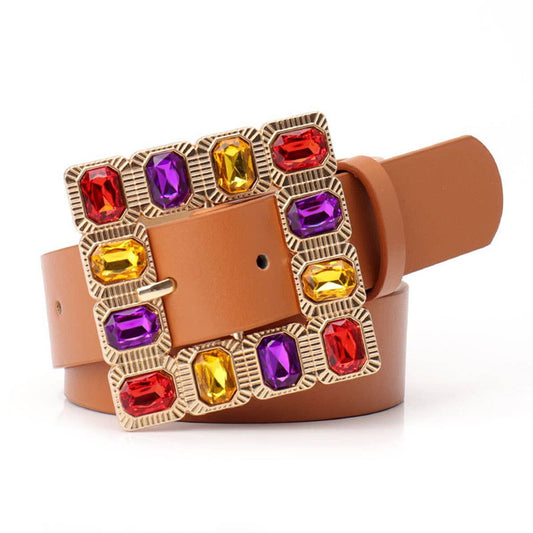 Lily Clothing - Diamond gemstone alloy buckle wide belt: CAMEL / (OS) 1