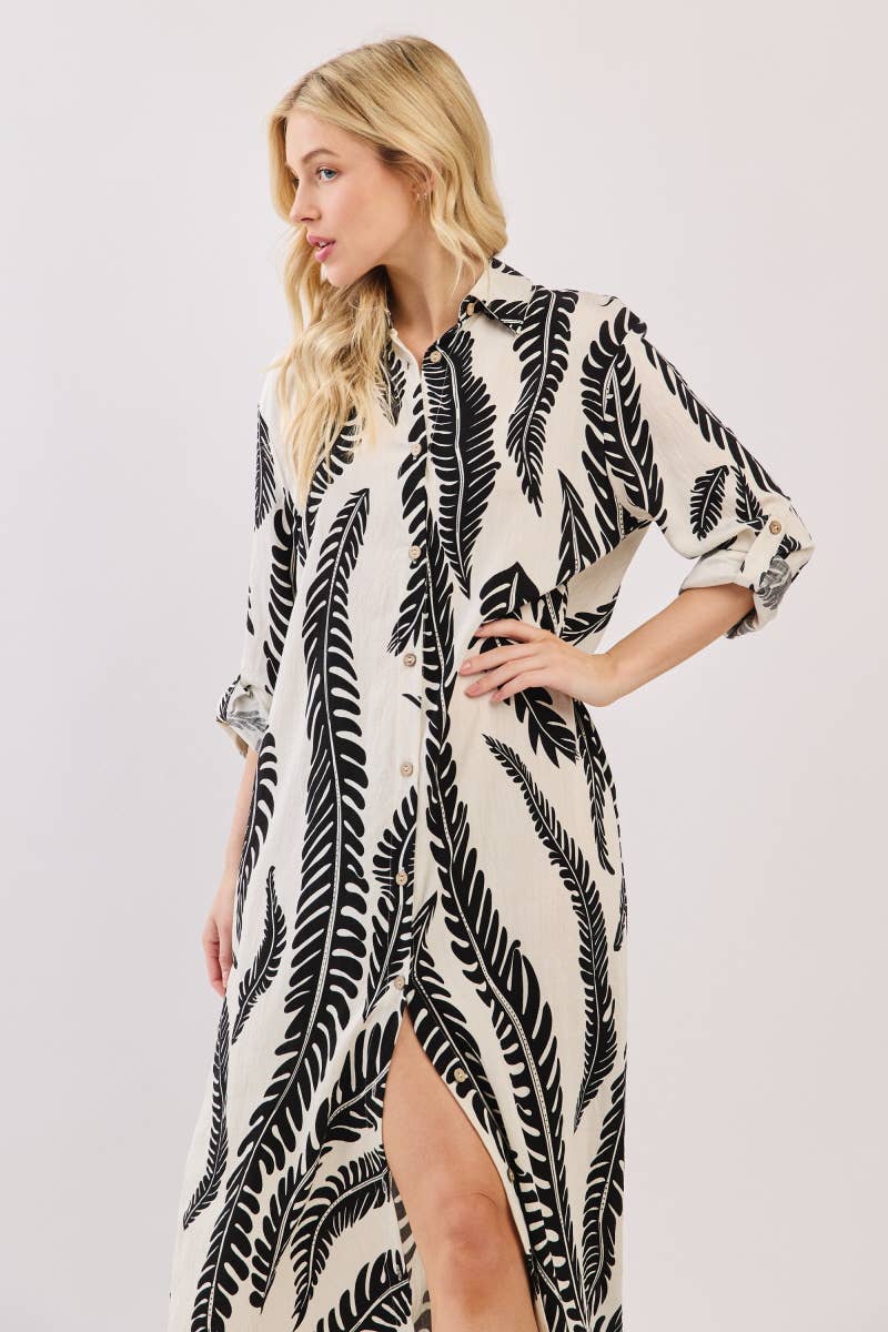 Palm Print Button-Down Maxi Dress