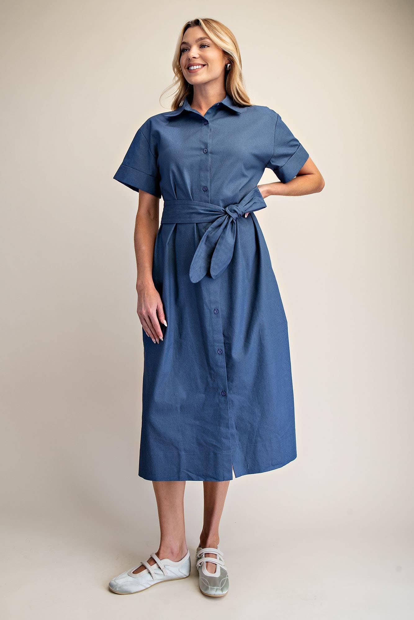 Collar Neck Button Down Shirt Waist Tie Midi Dress: Indigo