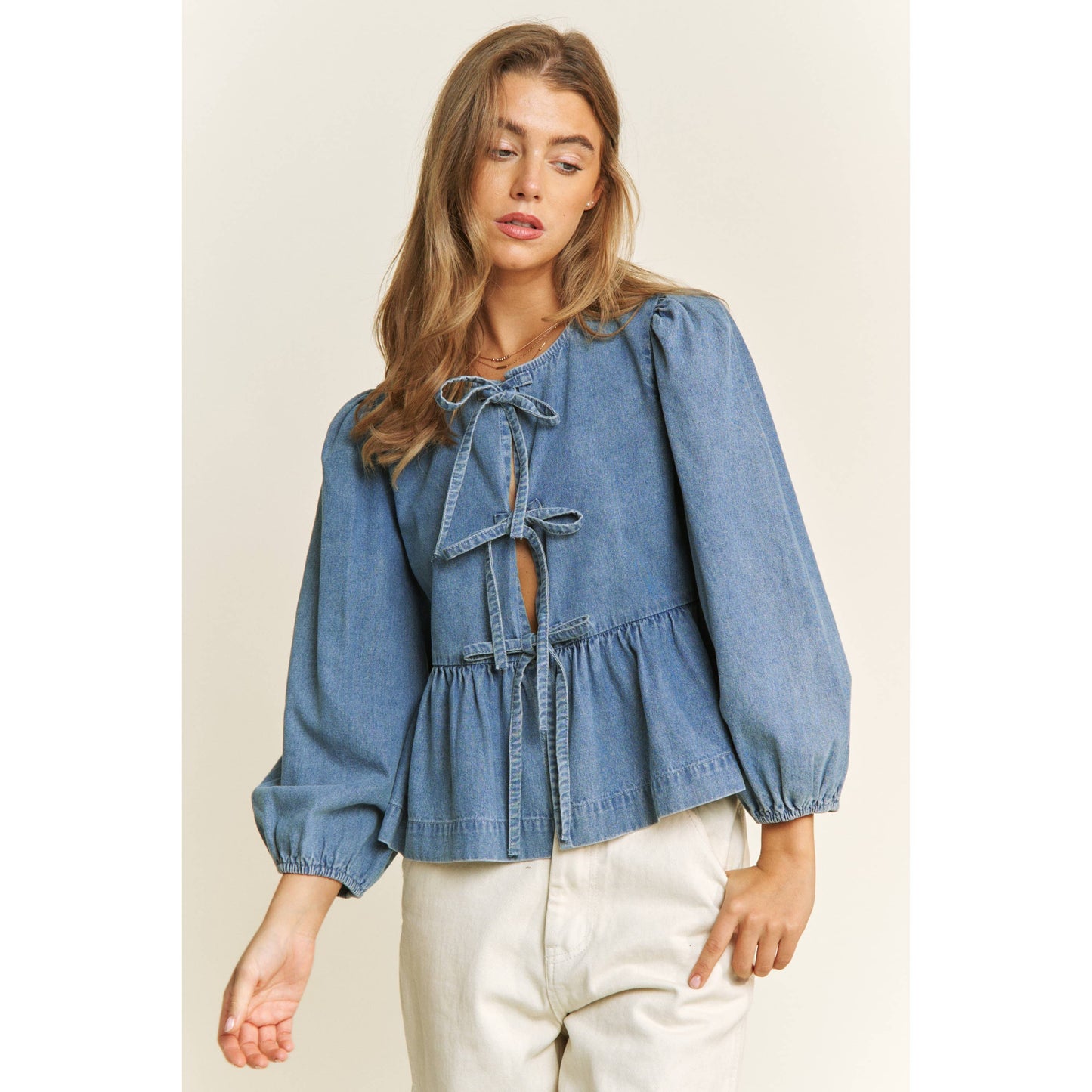 DENIM WASH OPEN FRONT LONG SLEEVE BABYDOLL TOP BLOUSE