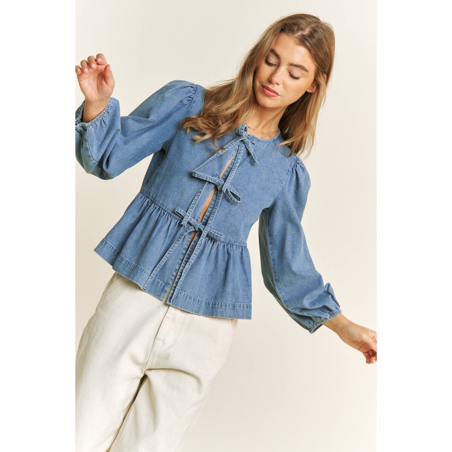 DENIM WASH OPEN FRONT LONG SLEEVE BABYDOLL TOP BLOUSE