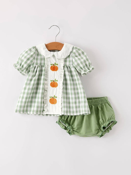 Pumpkin Applique Plaid Girls Bloomers Romper Set