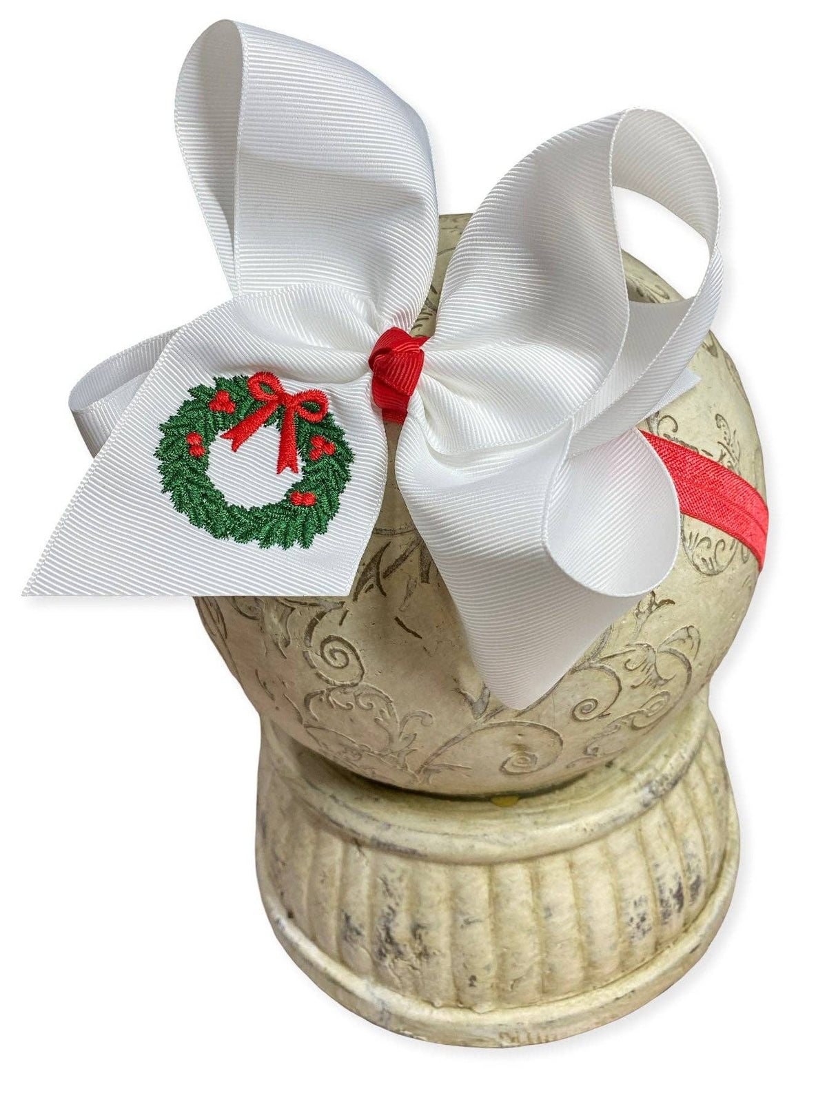 The Hair Bow Company - Wreath Embroidered Hair Bow | Christmas Hair Bow | Clip or Headband: Hair Bow on Clip