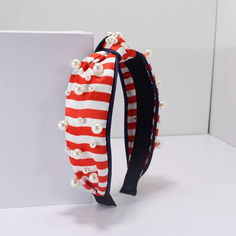 4TH OF JULY USA STRIPE  PEARL HEADBAND Red