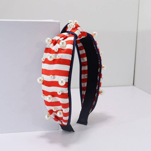 4TH OF JULY USA STRIPE  PEARL HEADBAND Red