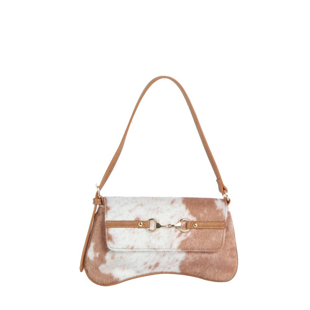 Cow Print Horsebit Flap Shoulder Bag: BROWN