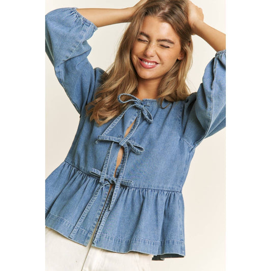 DENIM WASH OPEN FRONT LONG SLEEVE BABYDOLL TOP BLOUSE
