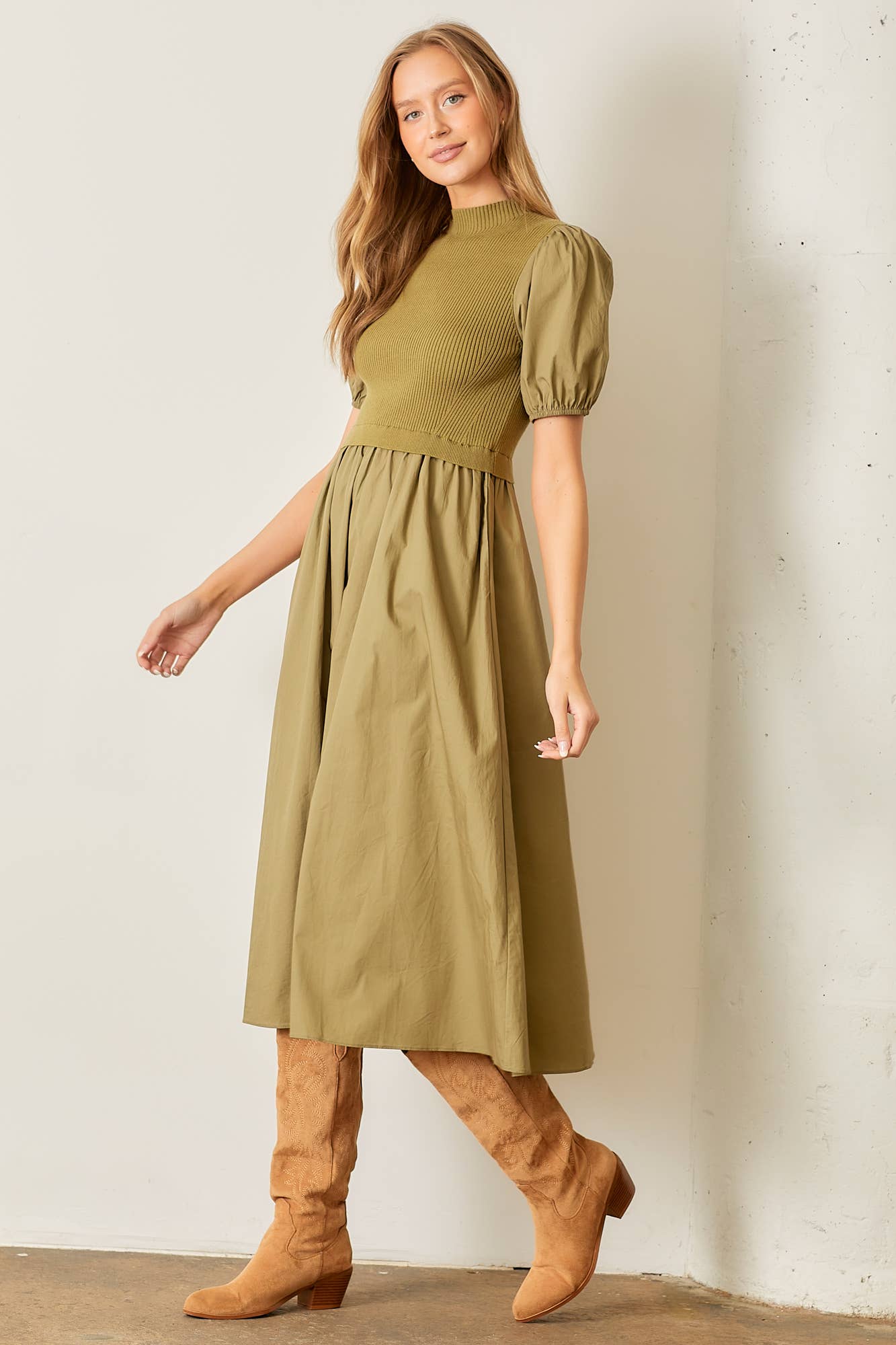 KNIT BODICE MAXI DRESS: OLIVE